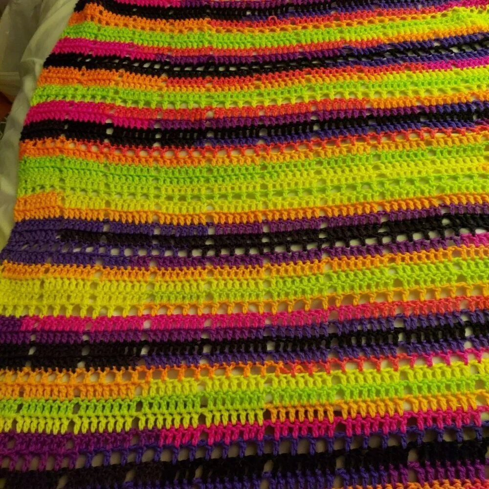 Handmade Neon Crochet Blanket Throw Vibrant Striped Pattern Multi-Color Soft Lig